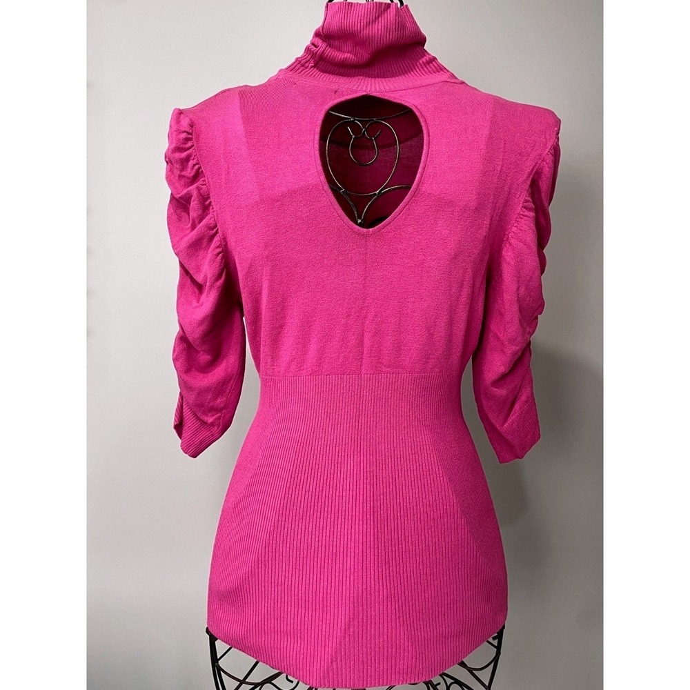 Sele Magenta Ribbed Knit Turtleneck Puffed Sleeve Keyhole Back Sweater XL EUC